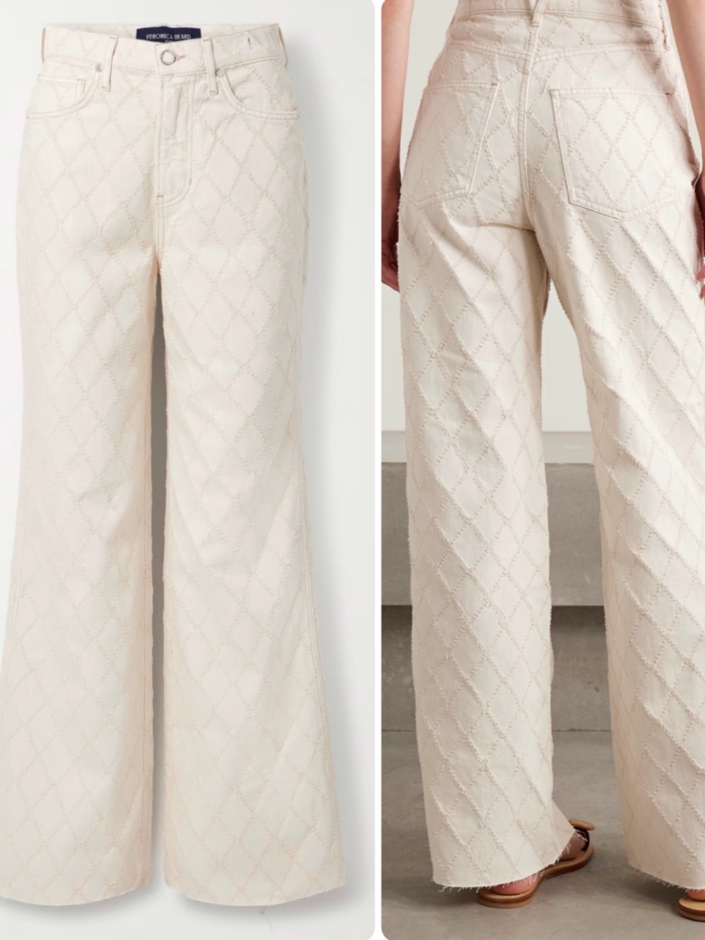 Veronica Beard Quilted Diamond-Stitch Cream Jeans